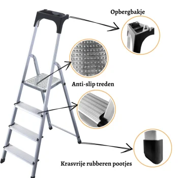 Outlet Rijoka Huishoudtrap Aluminium 4 Treden Anti Slip Treden Opbergkapje