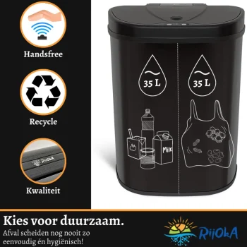 Outlet Rijoka Prullenbak Sensor Dubbel 70 Liter Recycle RVS Soft Close Vingerafdrukvrij